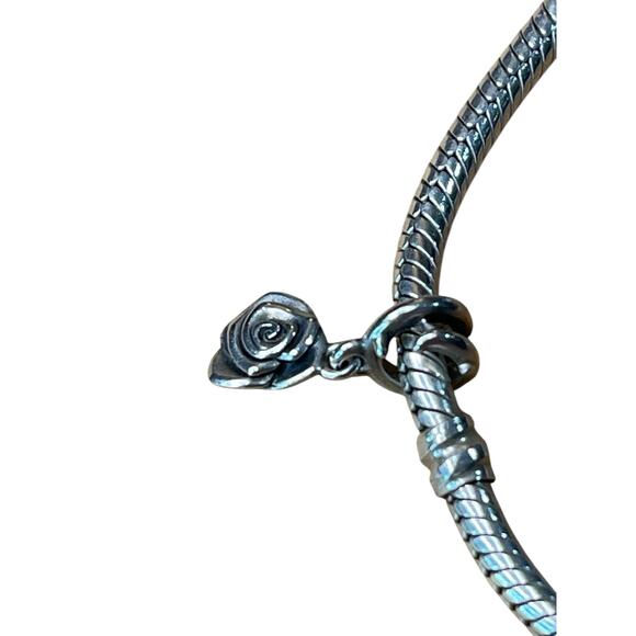 Pandora 925 Sterling Silver Bracelet with Rose Charm & Family Heart Dangle - Picture 4 of 12